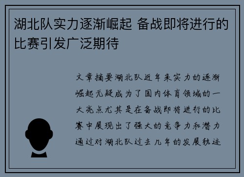 湖北队实力逐渐崛起 备战即将进行的比赛引发广泛期待