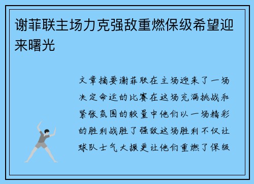 谢菲联主场力克强敌重燃保级希望迎来曙光